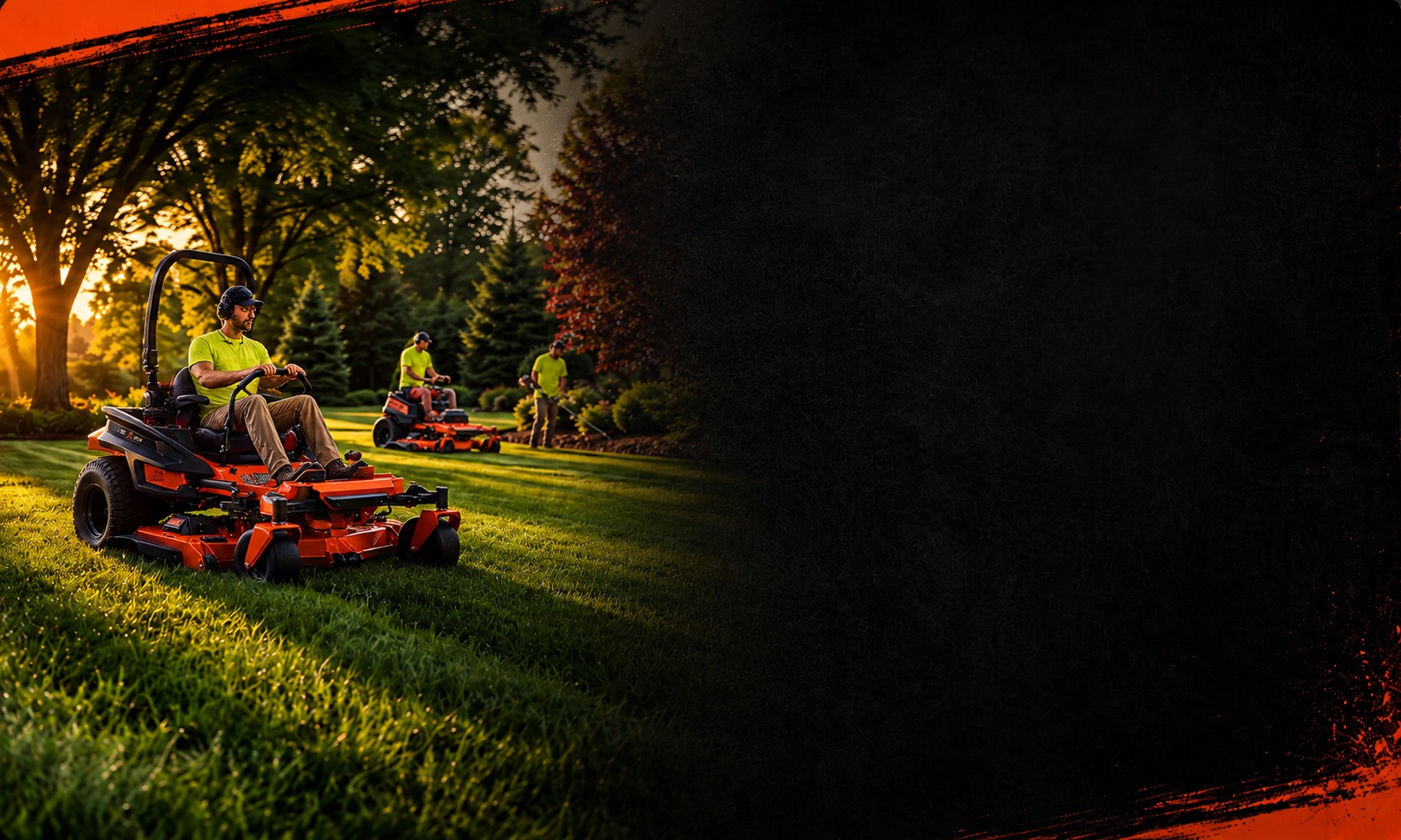 Landscaping crew mowing at sunset on Bad Boy zero-turn mowers