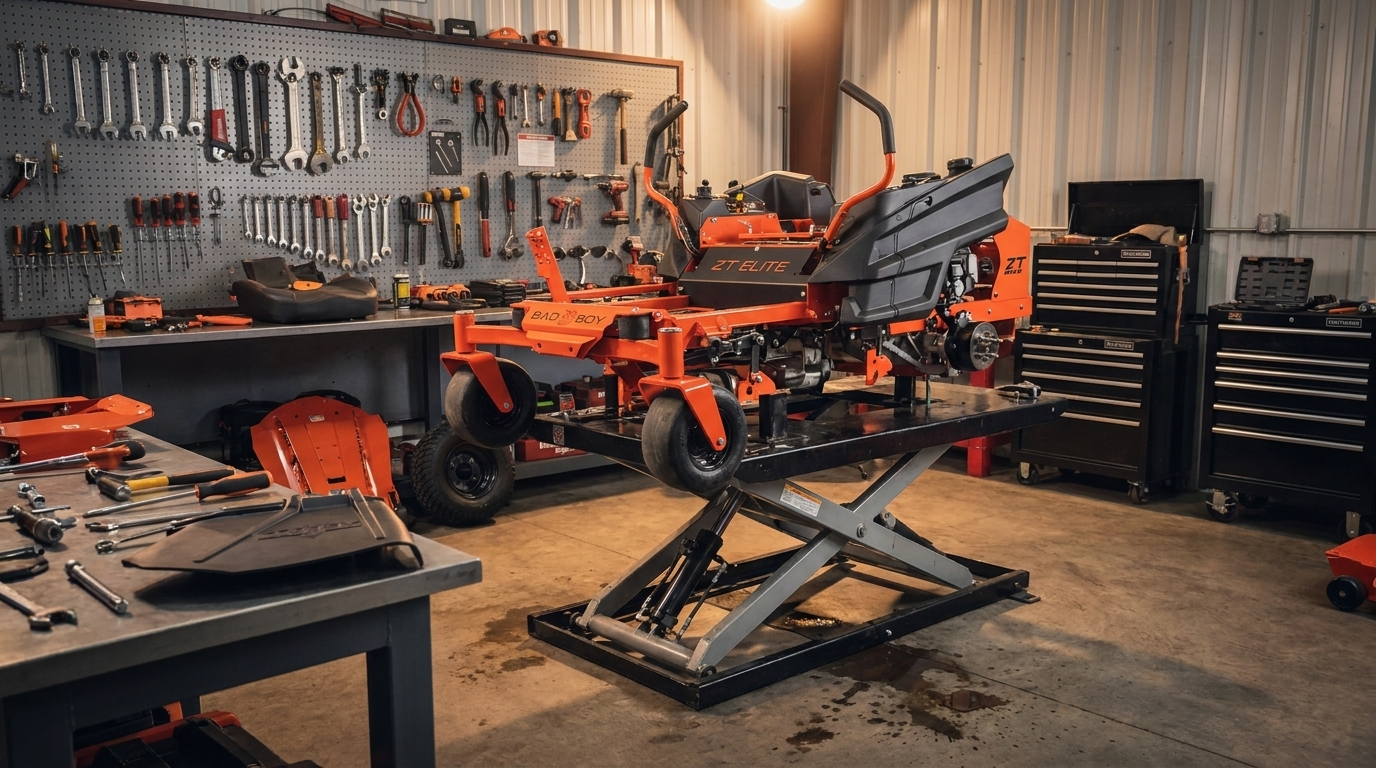 Bad Boy zero-turn mower up on a lift in the Tall Equipment and Machinery shop